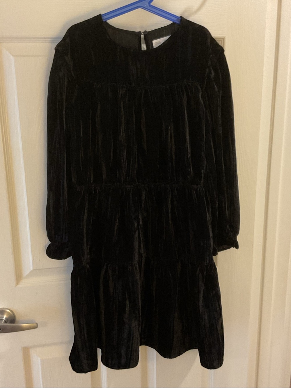 Zara Black Velvet Tiered Ruffle Dress with Long Sleeves 13/14 chic romantic goth